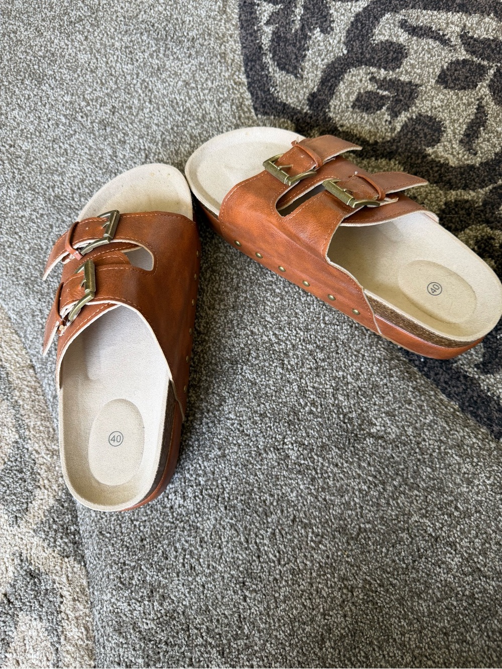 Brown Double Buckle Slide Sandals